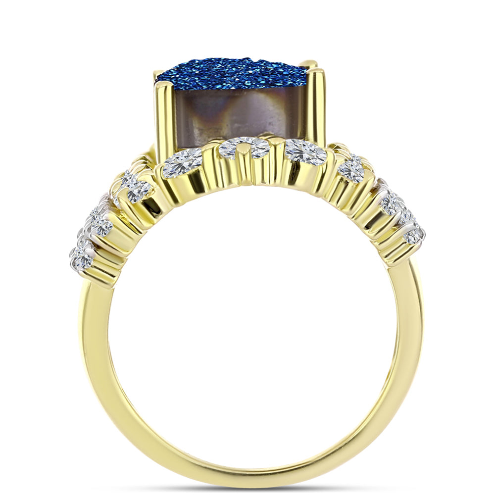 Anillo de Plata Bañada en Oro con Drusa Azul y Topacio Blanco 2 