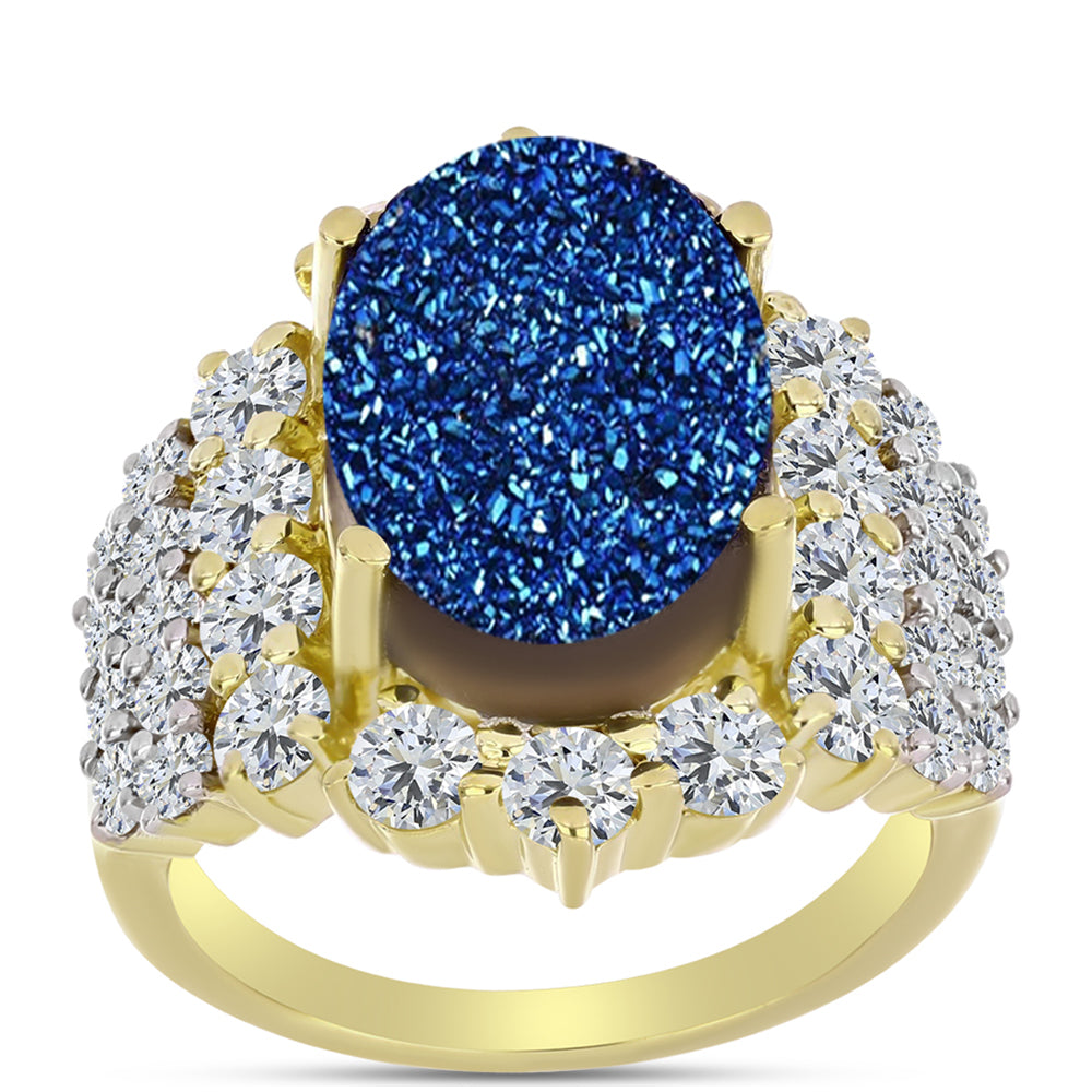 Anillo de Plata Bañada en Oro con Drusa Azul y Topacio Blanco 3 
