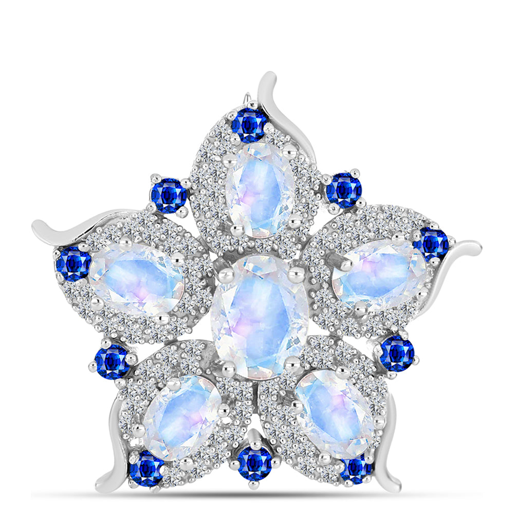 Broche de Plata con Zafiro Azul Australiano y Piedra Lunar Arco Iris
