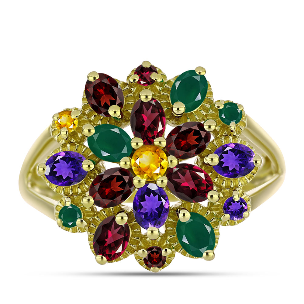 Anillo de Plata Bañada en Oro con Amatista de Marruecos y Ágata Verde 1 