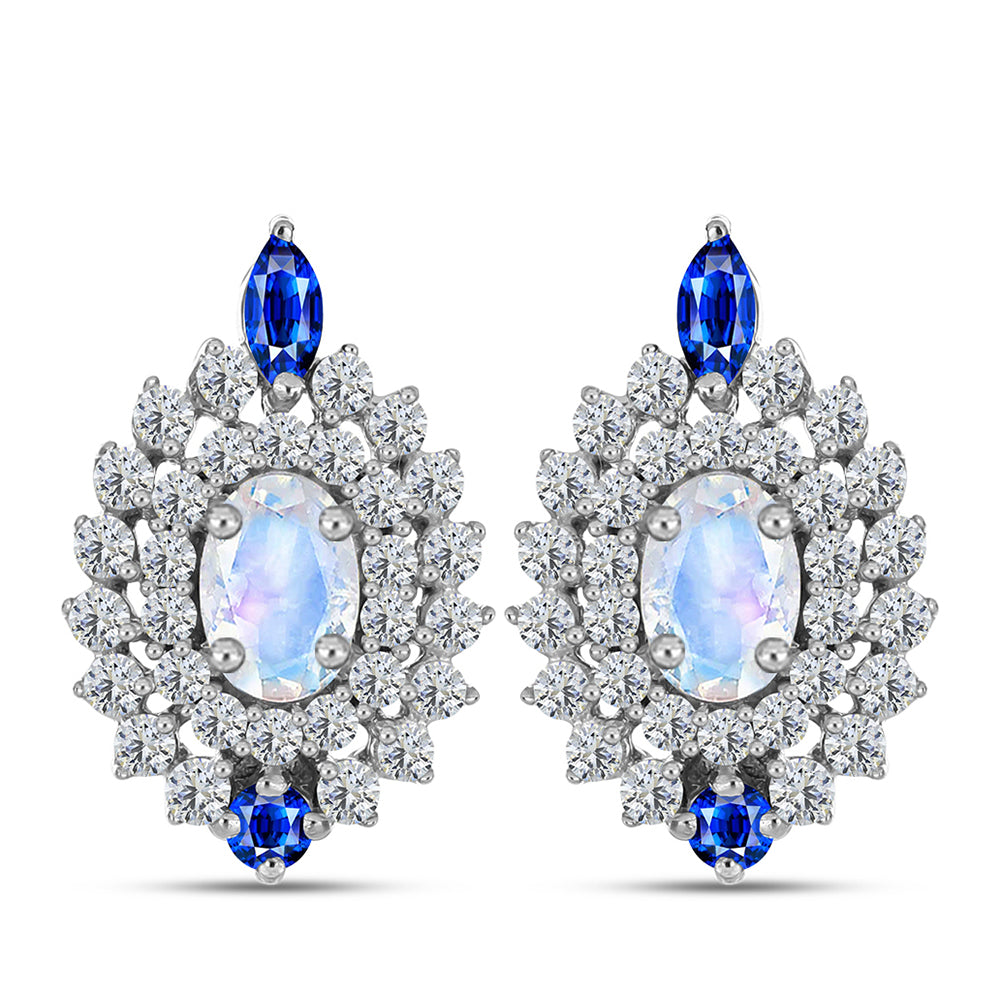 Pendientes de Plata con Zafiro Azul Australiano y Piedra Lunar Arco Iris