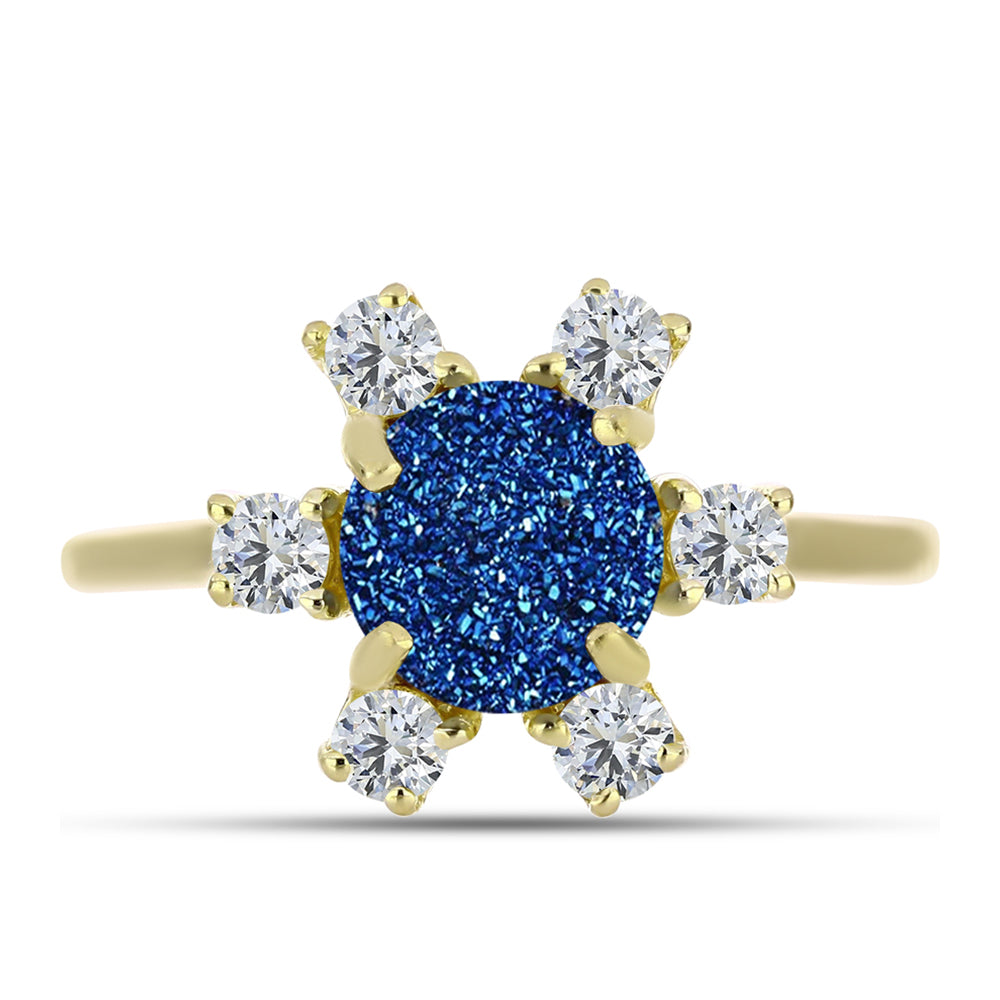 Anillo de Plata Bañada en Oro con Drusa Azul y Topacio Blanco 1 