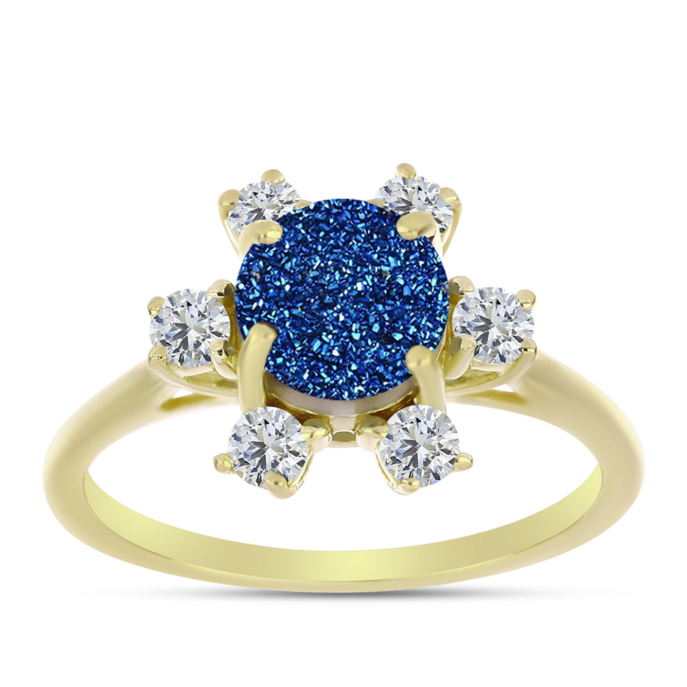 Anillo de Plata Bañada en Oro con Drusa Azul y Topacio Blanco 3 