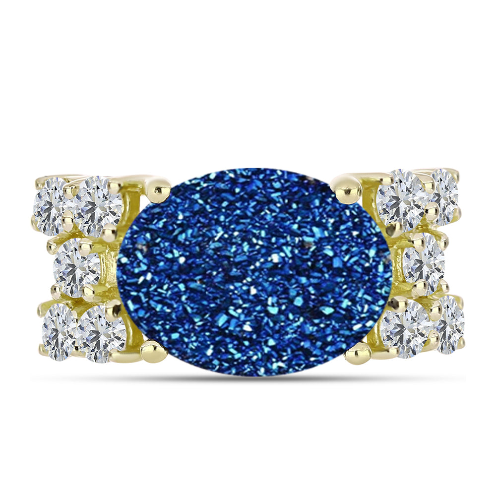 Anillo de Plata Bañada en Oro con Drusa Azul y Topacio Blanco 1 