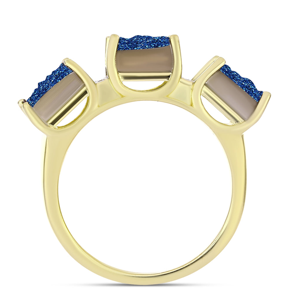Anillo de Plata Bañada en Oro con Drusa Azul y Topacio Blanco