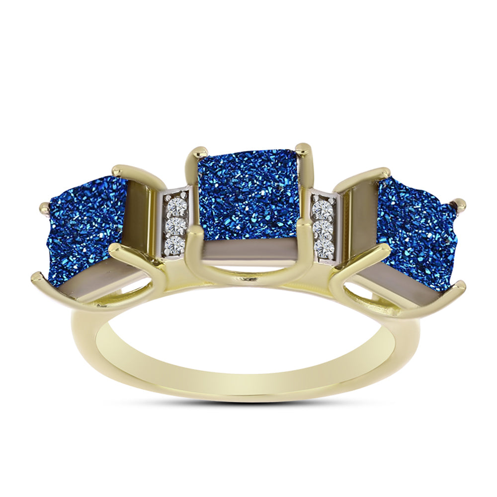 Anillo de Plata Bañada en Oro con Drusa Azul y Topacio Blanco 3 