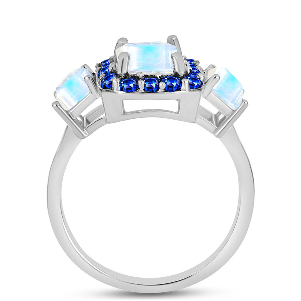 Anillo de Plata con Zafiro Azul Australiano y Piedra Lunar Arco Iris 2 
