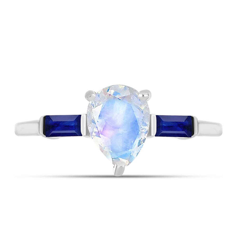 Anillo de Plata con Zafiro Azul Australiano y Piedra Lunar Arco Iris 1 