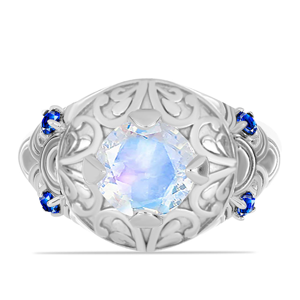 Anillo de Plata con Zafiro Azul Australiano y Piedra Lunar Arco Iris