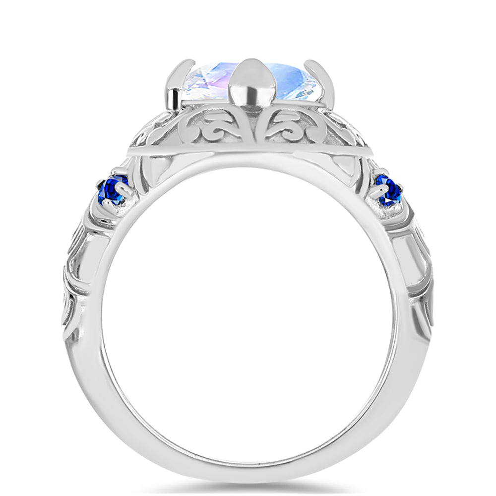 Anillo de Plata con Zafiro Azul Australiano y Piedra Lunar Arco Iris 2 