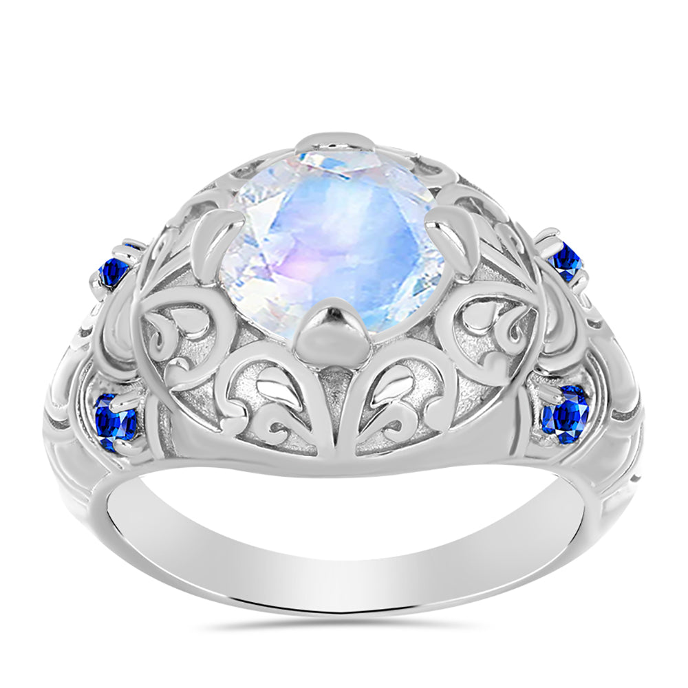 Anillo de Plata con Zafiro Azul Australiano y Piedra Lunar Arco Iris 3 