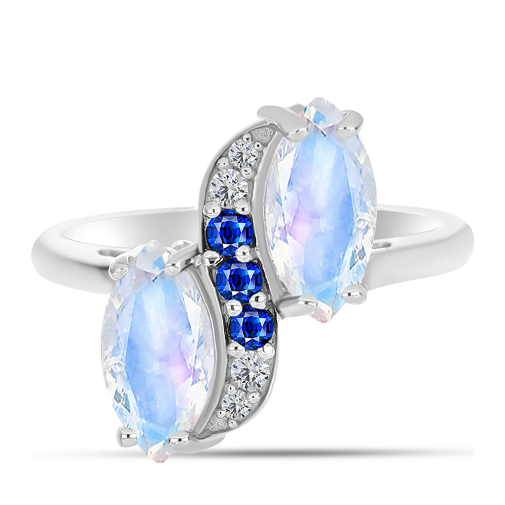 Anillo de Plata con Zafiro Azul Australiano y Piedra Lunar Arco Iris 1 