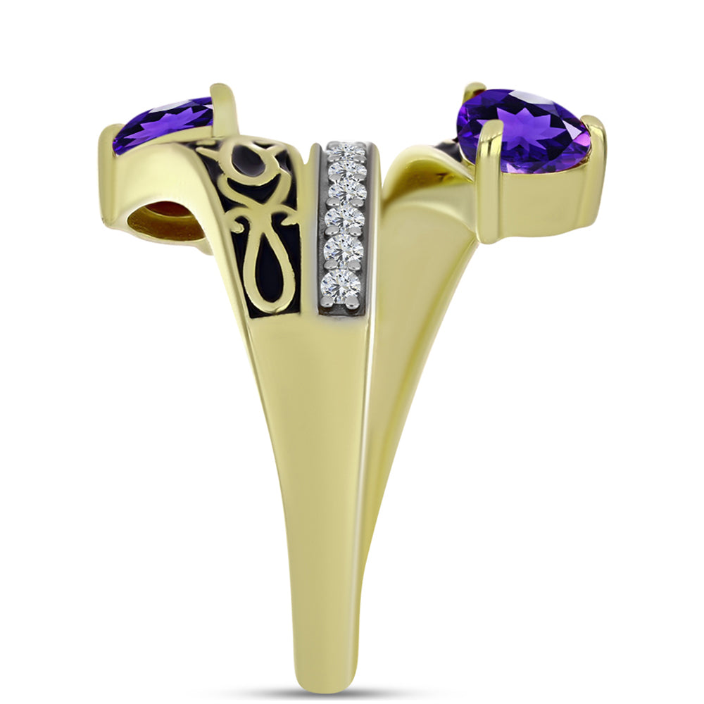 Anillo de Plata Bañada en Oro con Amatista de Marruecos y Topacio Blanco 4 