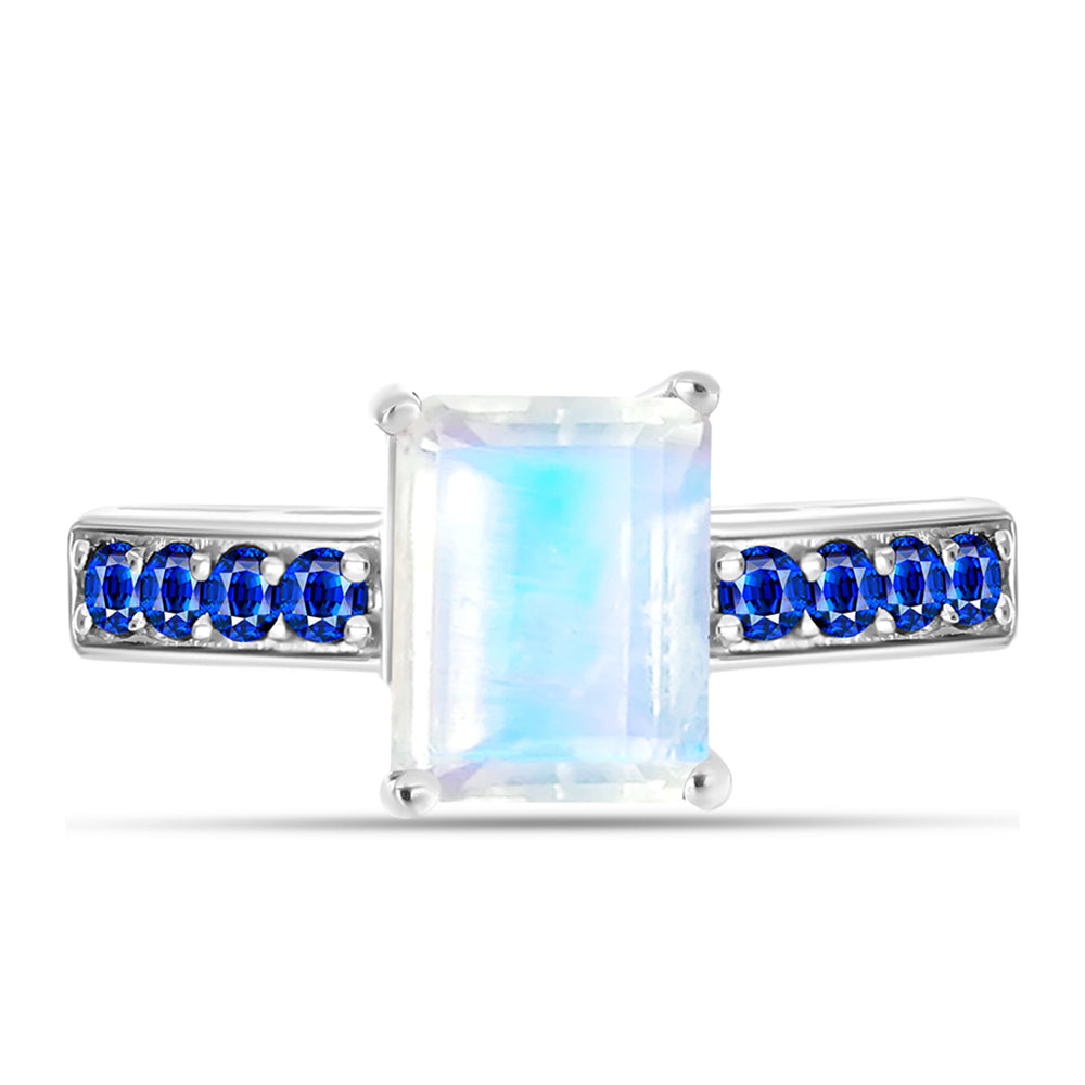 Anillo de Plata con Zafiro Azul Australiano y Piedra Lunar Arco Iris 1 