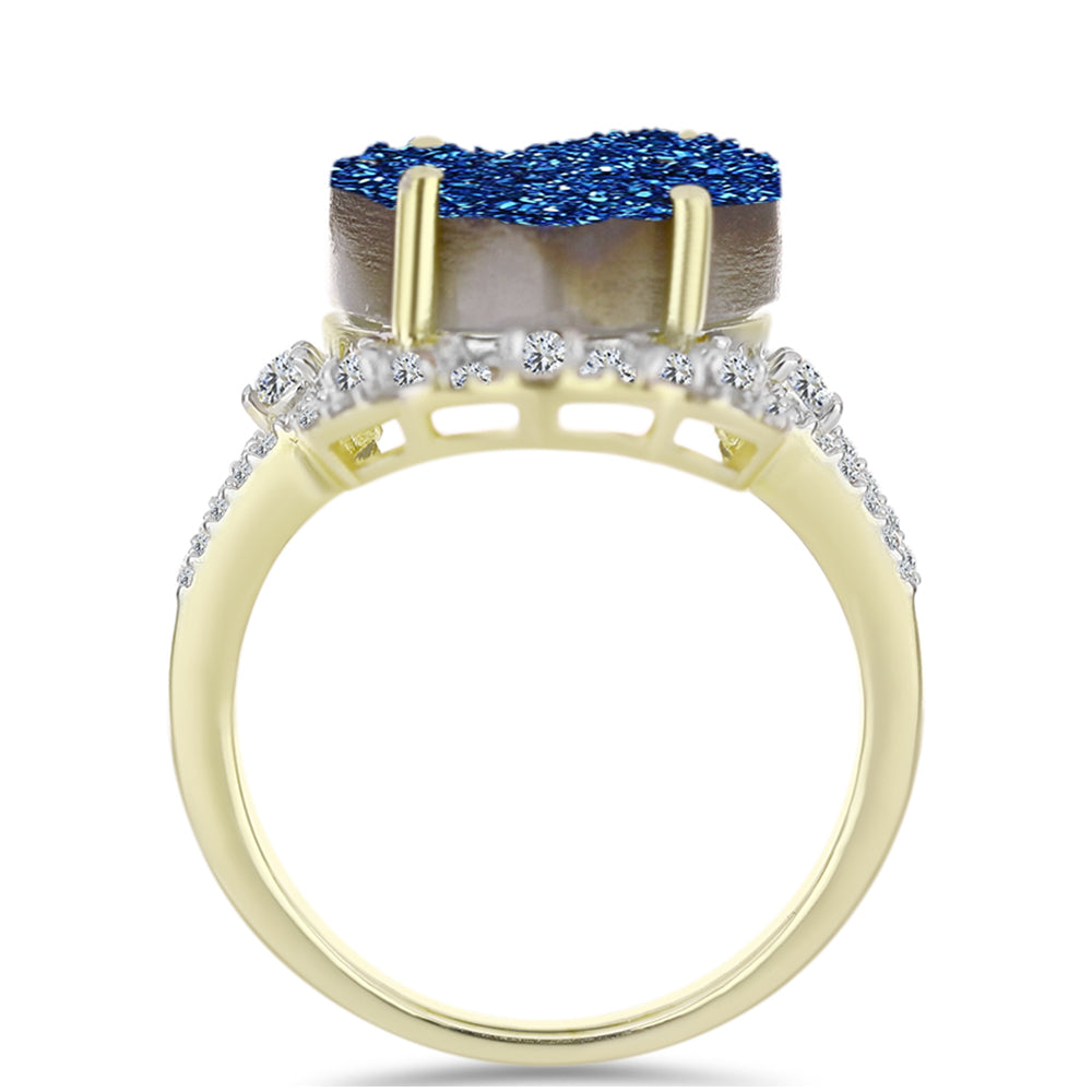 Anillo de Plata Bañada en Oro con Drusa Azul y Topacio Blanco