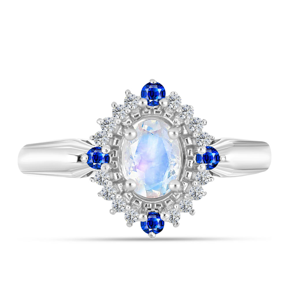 Anillo de Plata con Zafiro Azul Australiano y Piedra Lunar Arco Iris 1 