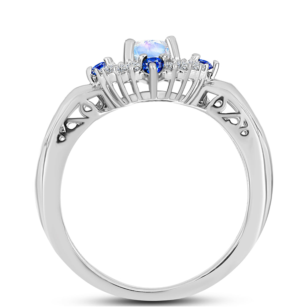 Anillo de Plata con Zafiro Azul Australiano y Piedra Lunar Arco Iris 2 