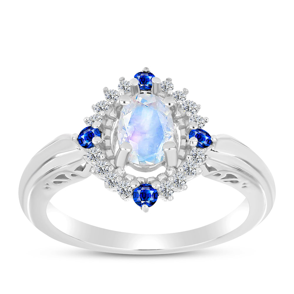 Anillo de Plata con Zafiro Azul Australiano y Piedra Lunar Arco Iris