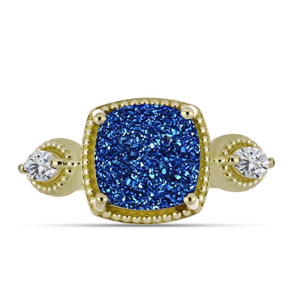 Anillo de Plata Bañada en Oro con Drusa Azul y Topacio Blanco 1 