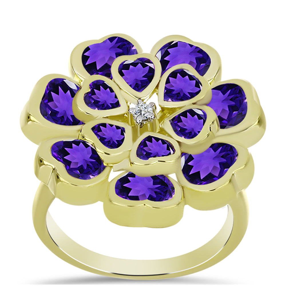 Anillo de Plata Bañada en Oro con Amatista de Marruecos y Topacio Blanco