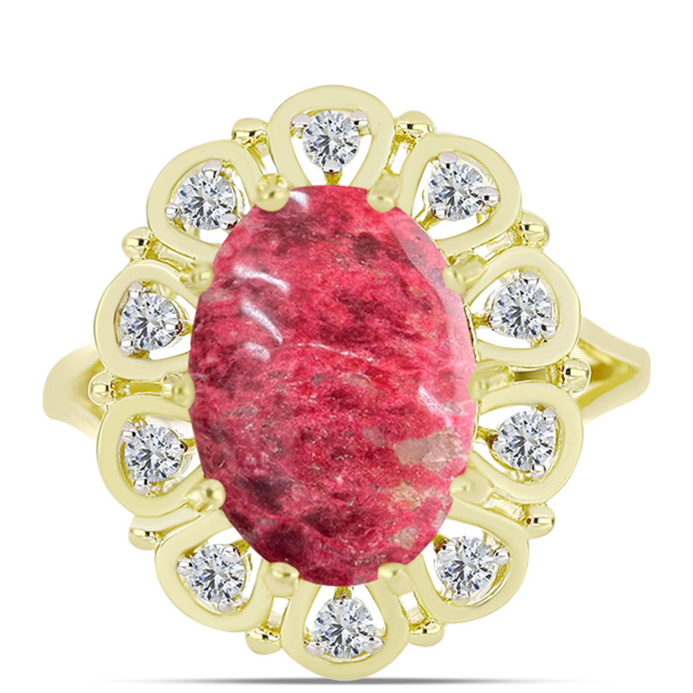 Anillo de Plata Bañada en Oro con Thulita y Topacio Blanco