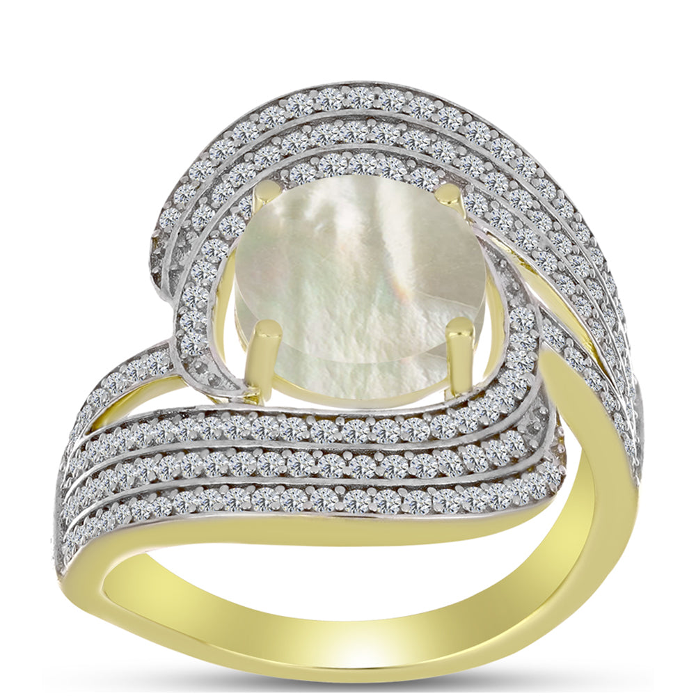 Anillo de Plata Bañada en Oro con Madreperla y Topacio Blanco 3 