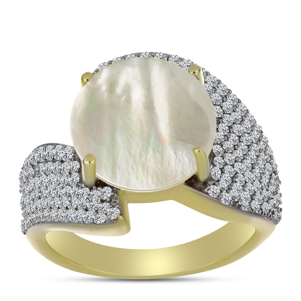 Anillo de Plata Bañada en Oro con Madreperla y Topacio Blanco
