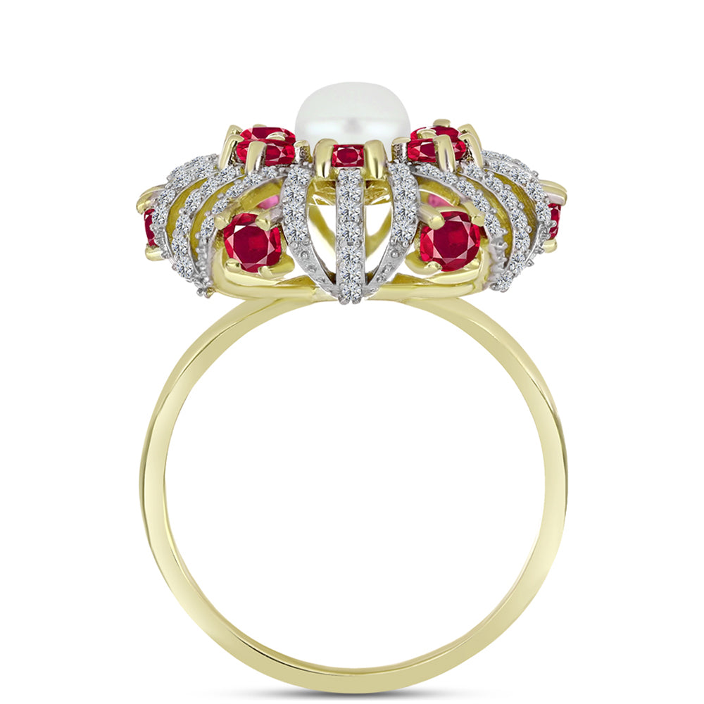 Anillo de Plata Bañada en Oro con Rubí de Madagascar y Perla de Agua Dulce