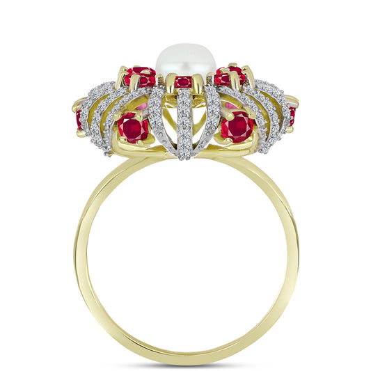 Anillo de Plata Bañada en Oro con Rubí de Madagascar y Perla de Agua Dulce