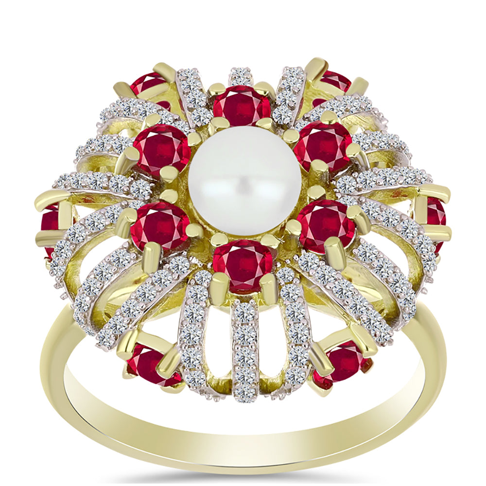 Anillo de Plata Bañada en Oro con Rubí de Madagascar y Perla de Agua Dulce