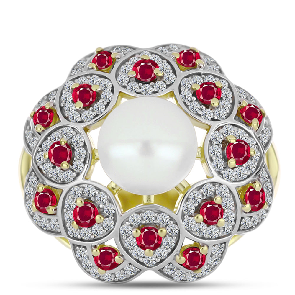 Anillo de Plata Bañada en Oro con Rubí de Madagascar y Perla de Agua Dulce 1 