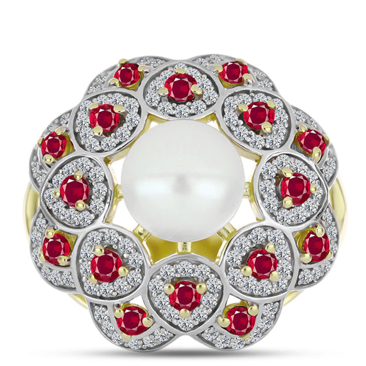 Anillo de Plata Bañada en Oro con Rubí de Madagascar y Perla de Agua Dulce