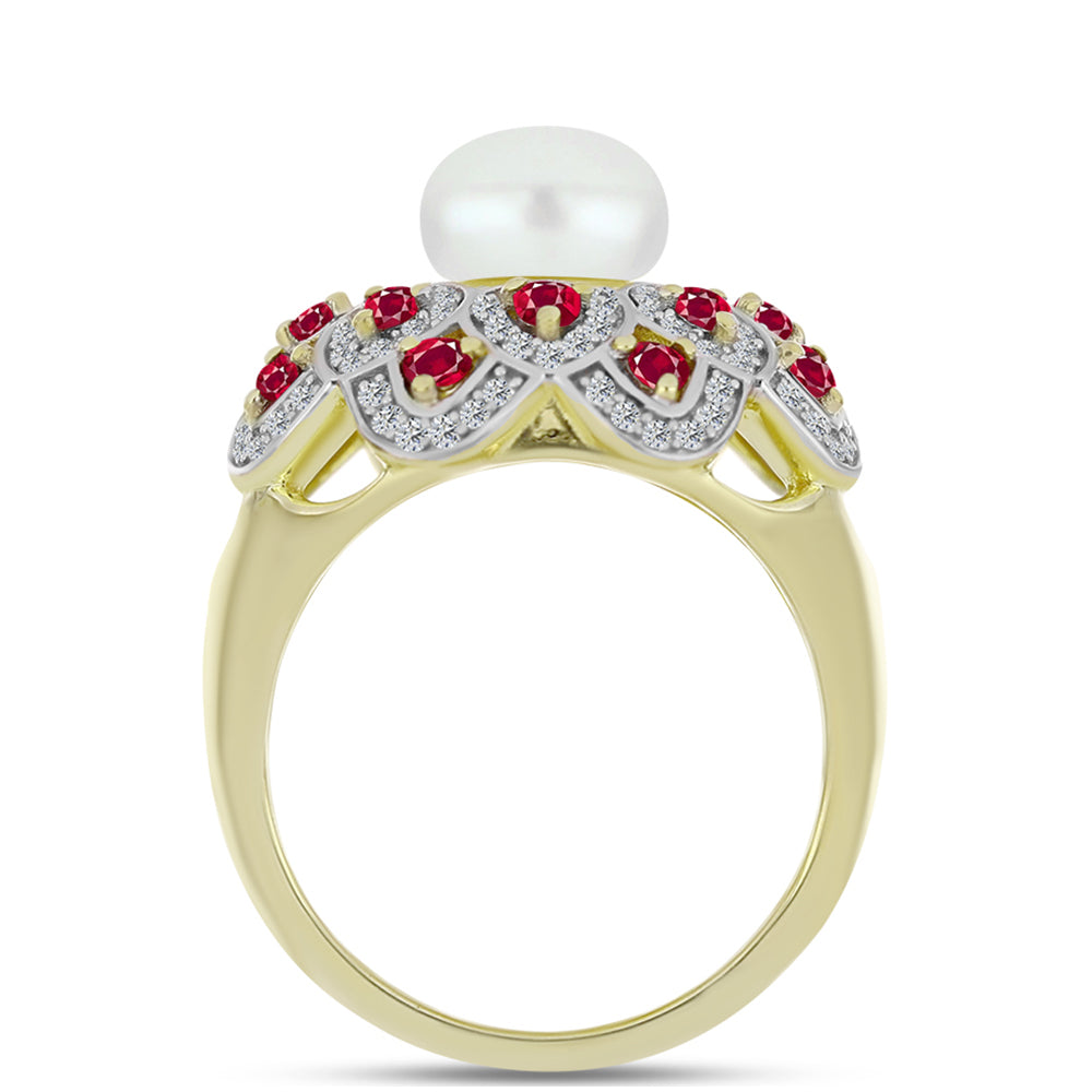 Anillo de Plata Bañada en Oro con Rubí de Madagascar y Perla de Agua Dulce