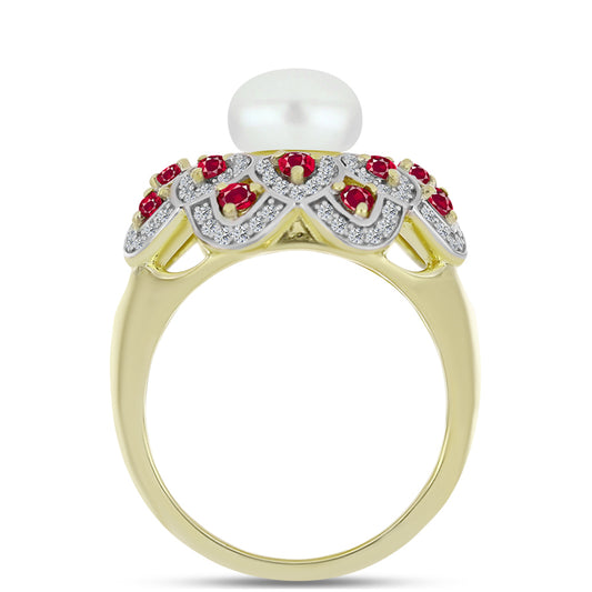 Anillo de Plata Bañada en Oro con Rubí de Madagascar y Perla de Agua Dulce