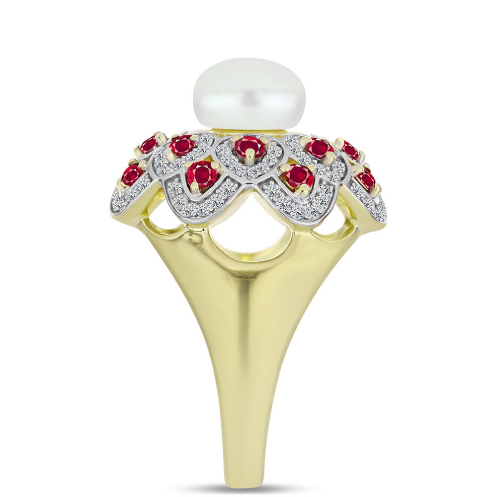 Anillo de Plata Bañada en Oro con Rubí de Madagascar y Perla de Agua Dulce 4 