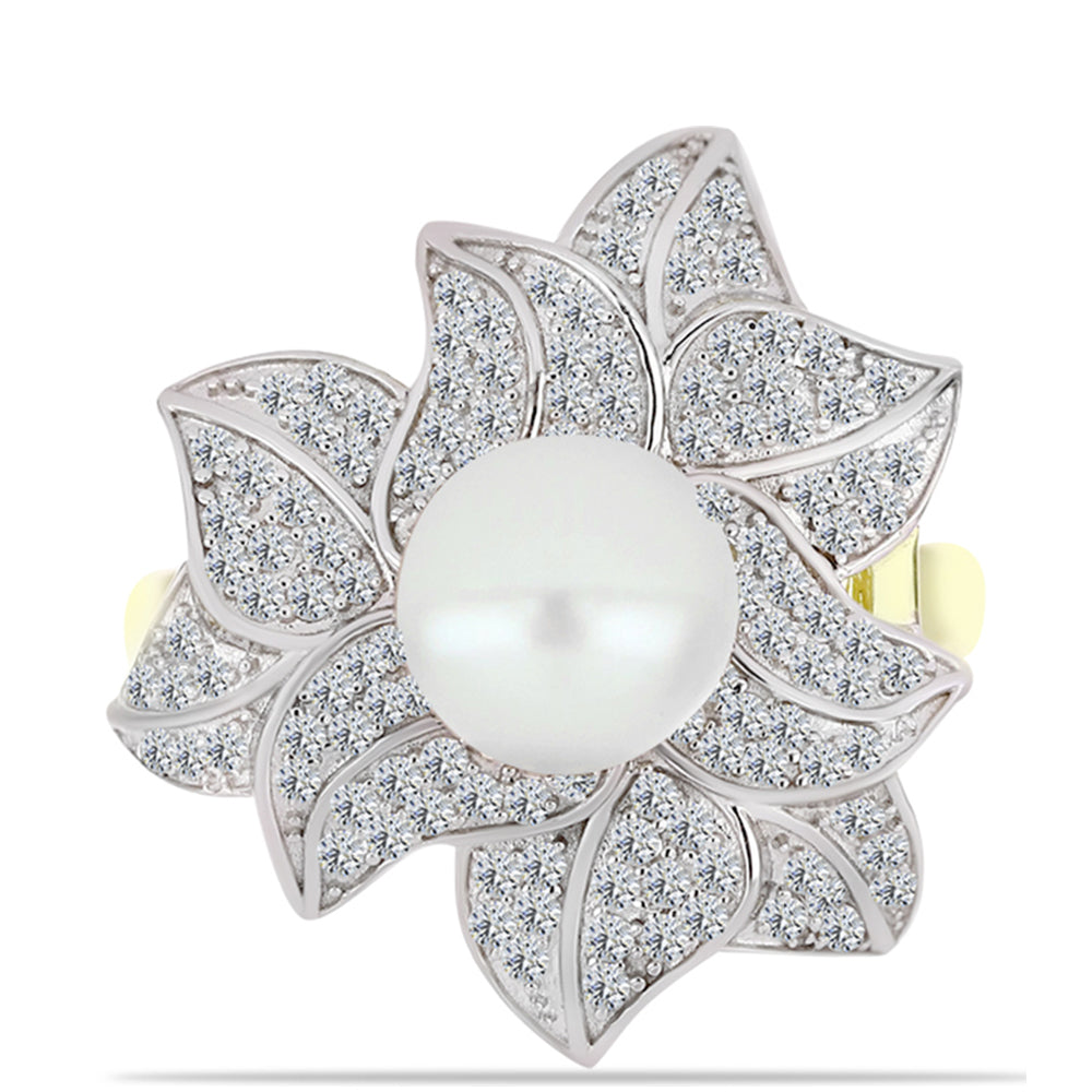 Anillo de Plata Bañada en Oro con Perla de Agua Dulce y Topacio Blanco