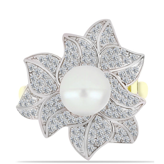 Anillo de Plata Bañada en Oro con Perla de Agua Dulce y Topacio Blanco