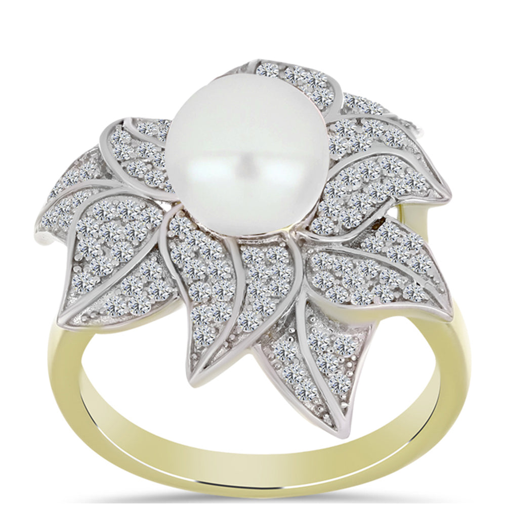 Anillo de Plata Bañada en Oro con Perla de Agua Dulce y Topacio Blanco