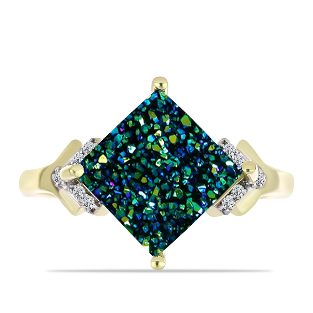 Anillo de Plata Bañada en Oro con Drusa Verde y Topacio Blanco