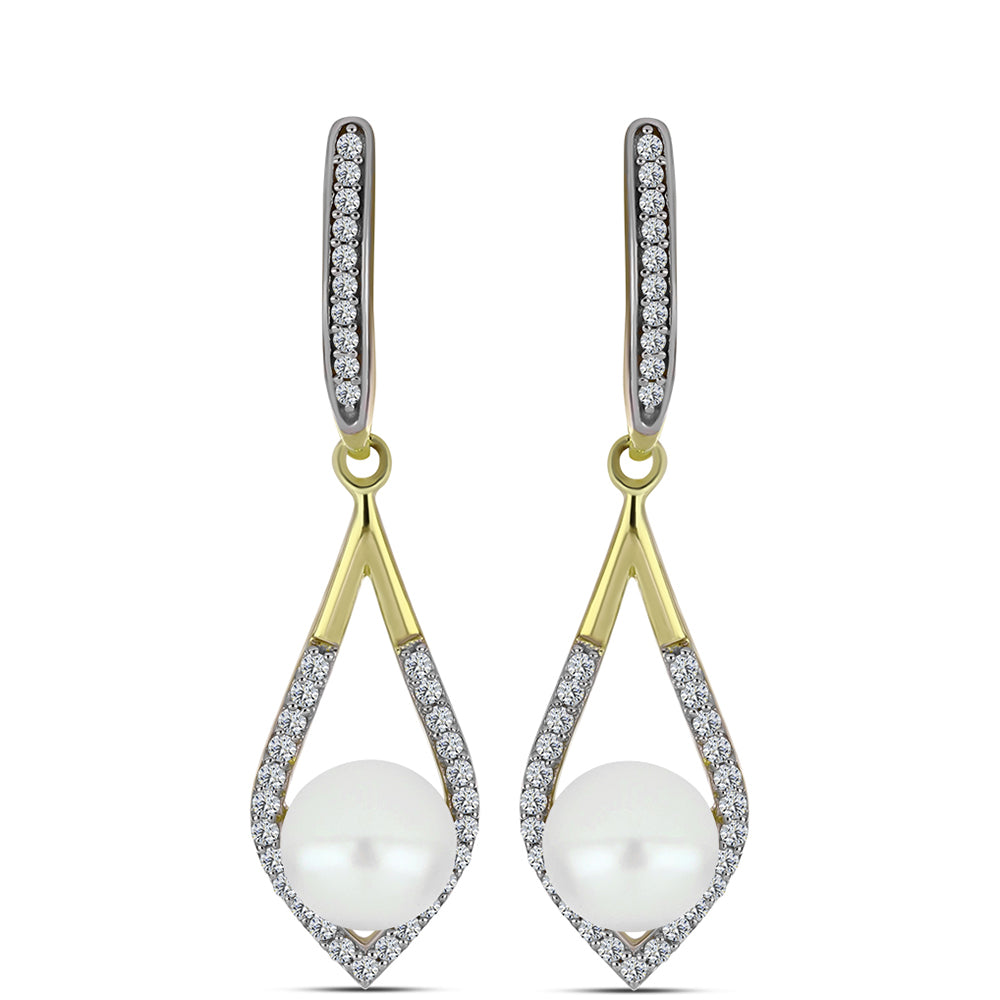 Pendientes de Plata Bañada en Oro con Perla de Agua Dulce y Topacio Blanco 1 