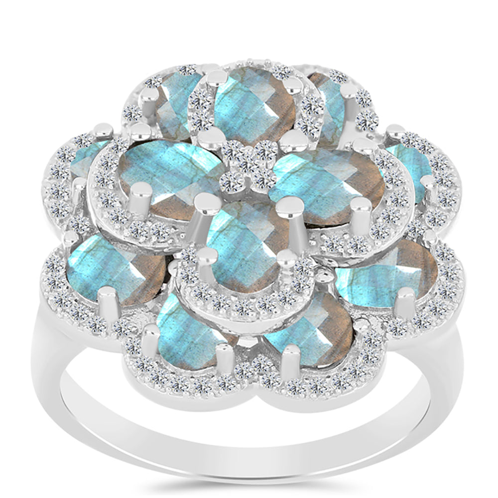 Anillo de Plata con Labradorita de las Minas de Gullgruvene y Topacio Blanco