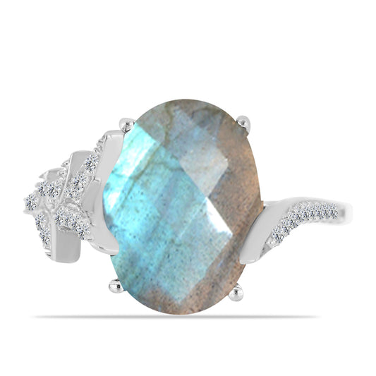 Anillo de Plata con Labradorita de las Minas de Gullgruvene y Topacio Blanco
