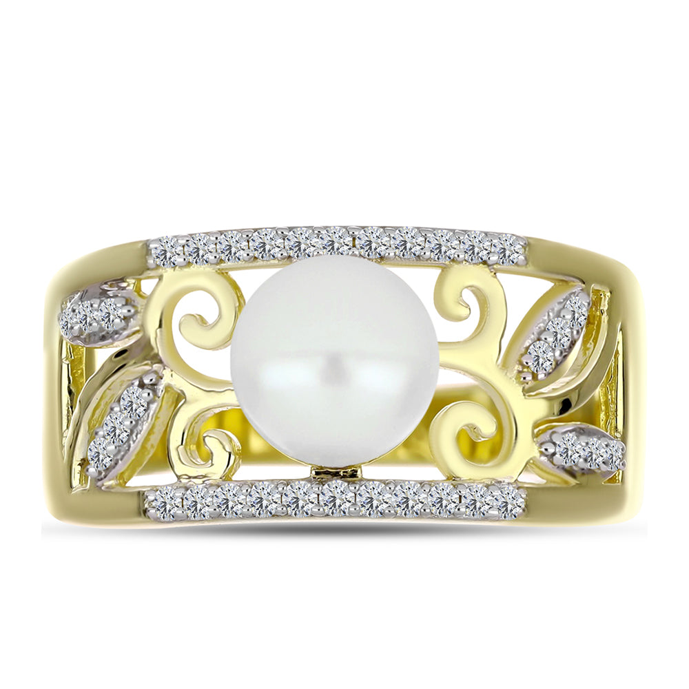 Anillo de Plata Bañada en Oro con Perla de Agua Dulce y Topacio Blanco 1 