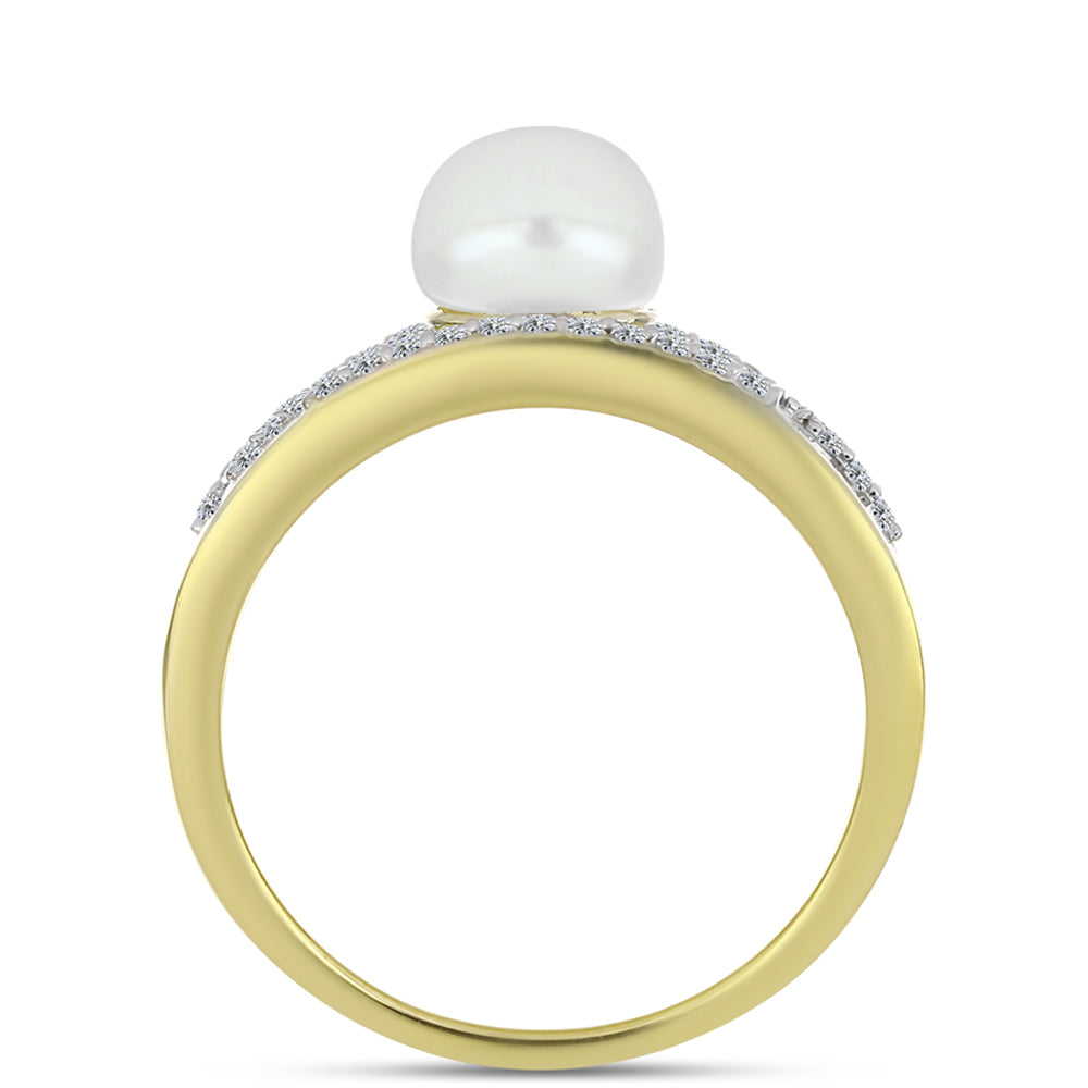 Anillo de Plata Bañada en Oro con Perla de Agua Dulce y Topacio Blanco 2 