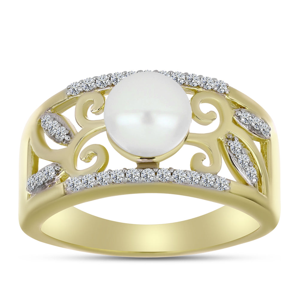 Anillo de Plata Bañada en Oro con Perla de Agua Dulce y Topacio Blanco