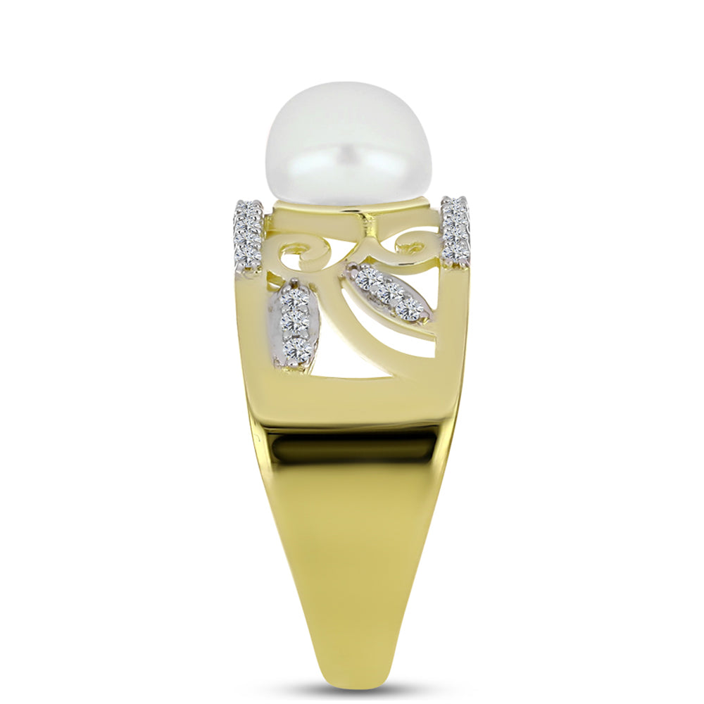 Anillo de Plata Bañada en Oro con Perla de Agua Dulce y Topacio Blanco