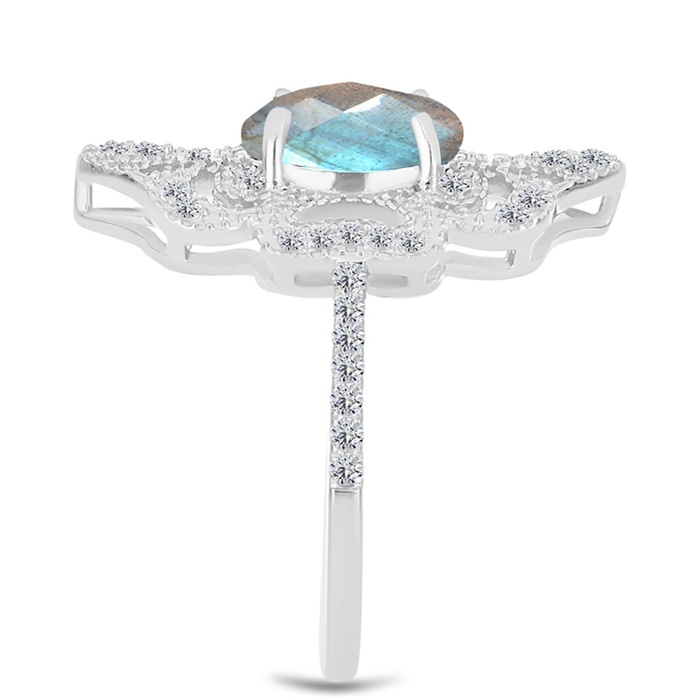Anillo de Plata con Labradorita de las Minas de Gullgruvene y Topacio Blanco