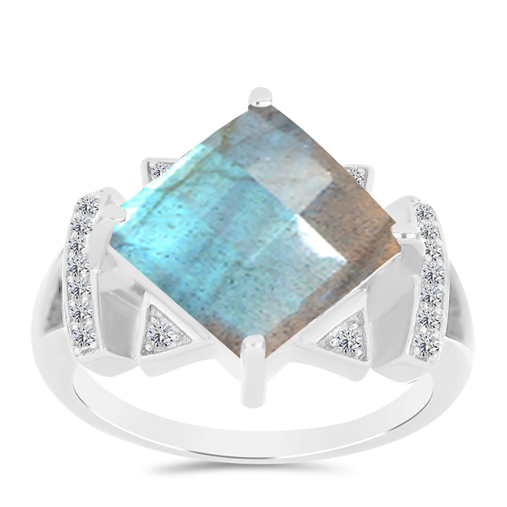 Anillo de Plata con Labradorita de las Minas de Gullgruvene y Topacio Blanco