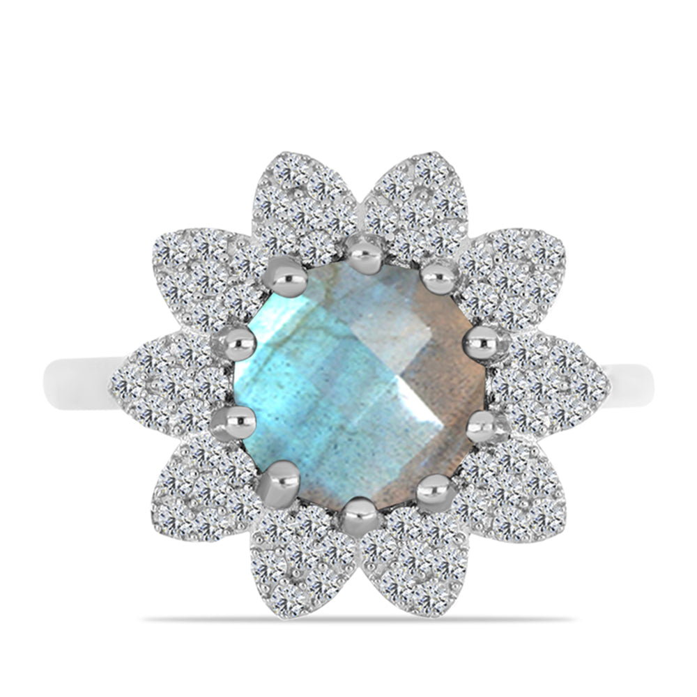 Anillo de Plata con Labradorita de las Minas de Gullgruvene y Topacio Blanco