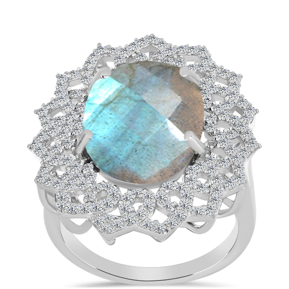 Anillo de Plata con Labradorita de las Minas de Gullgruvene y Topacio Blanco